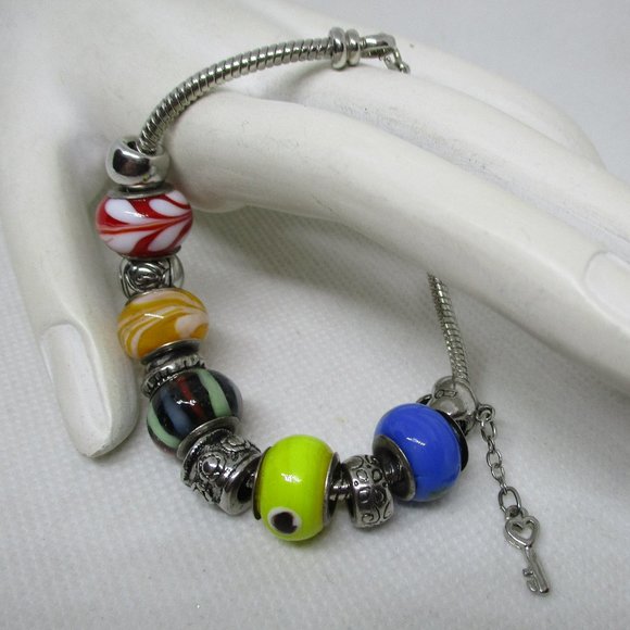 PANDORA STYLE LAMPWARK Glass Charm Beads Silver Tone Metal Heart And Key Charm - Picture 7 of 11